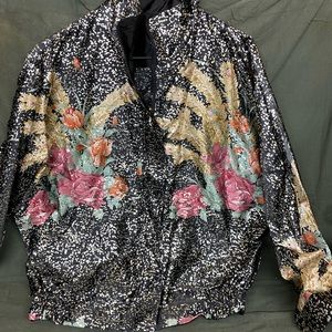 Vintage Jella Floral Reversible Bomber Jacket Roses & Feathers/Black Satin